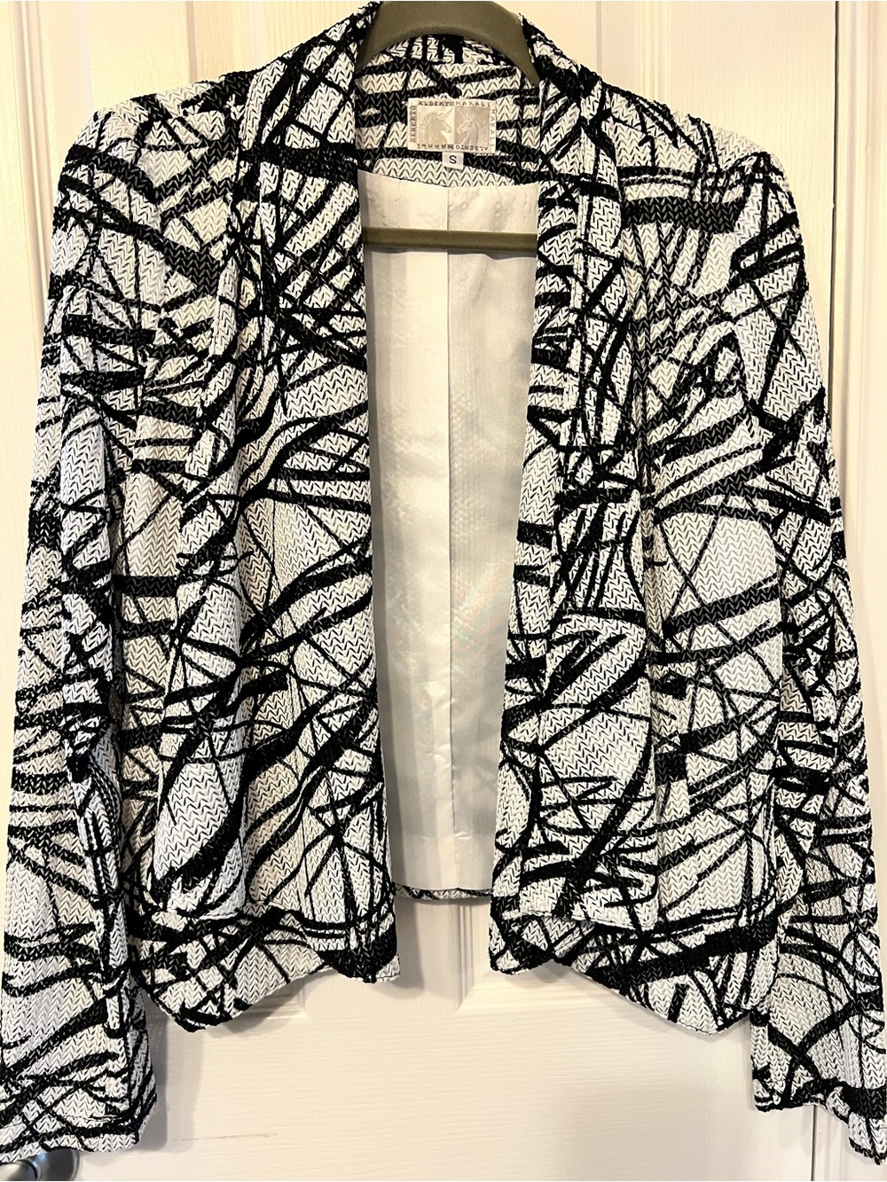 Alberto Makali Black & White Abstract Pattern Open Blazer, Size S